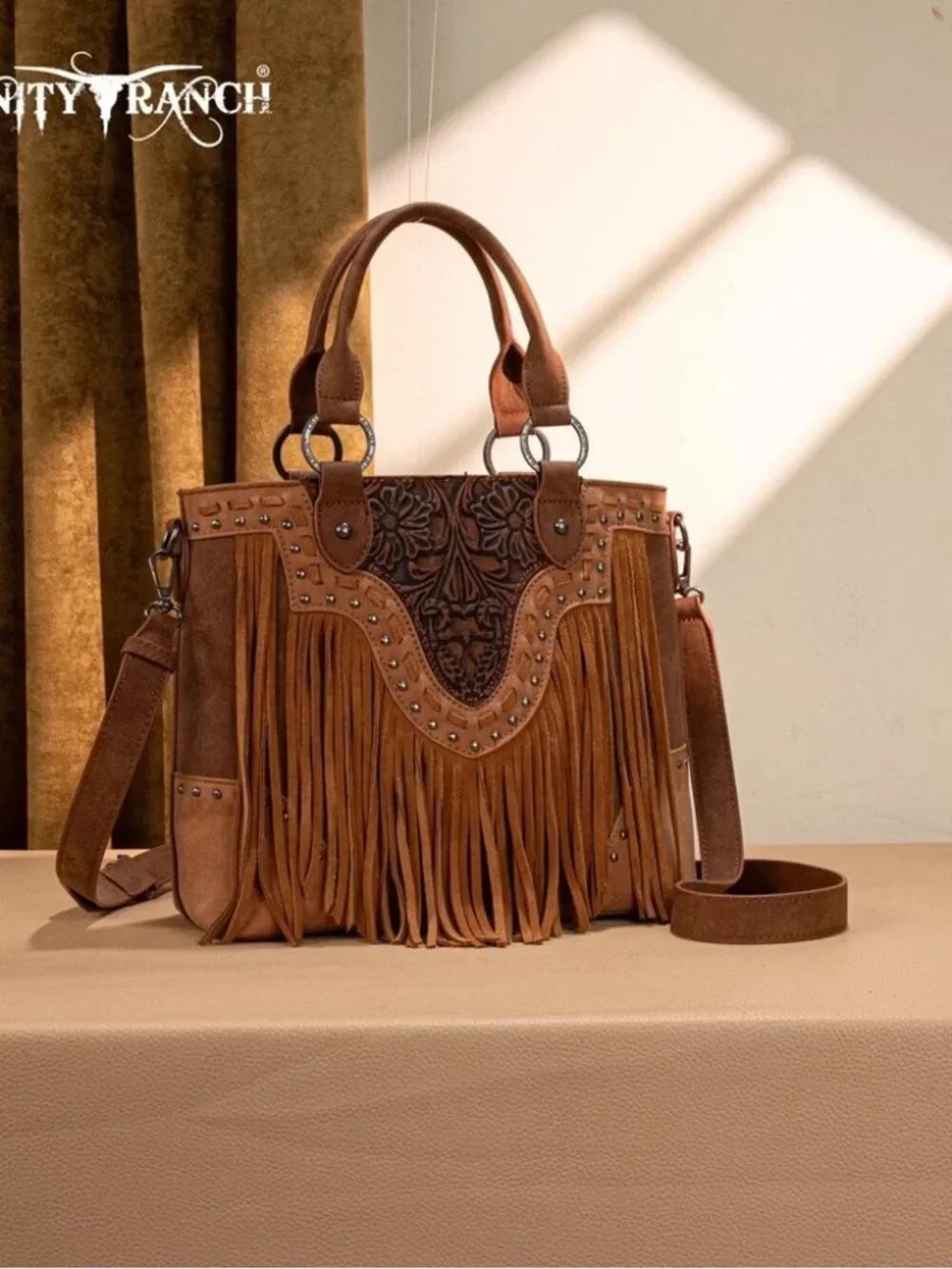Trinity Ranch Floral Tooled Fringe Tote/Crossbody Brown NWT - Picture 2 of 5